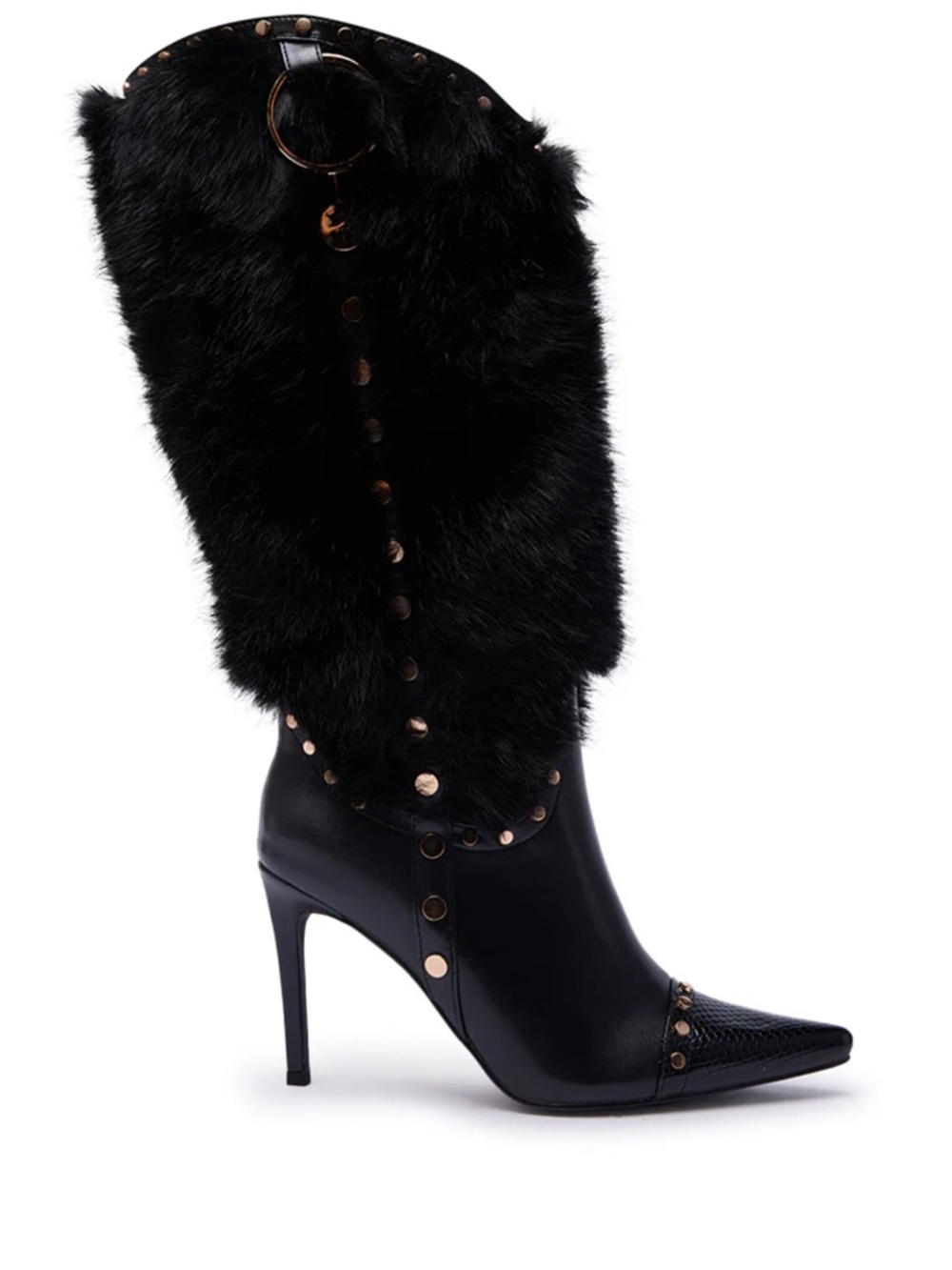 Faux Fur Black Knee-High Stiletto Boots with Stud Accents